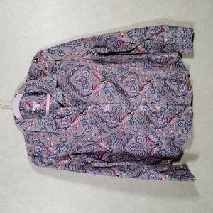 04096 Talbots burgundy and teal paisley print button blouse 14